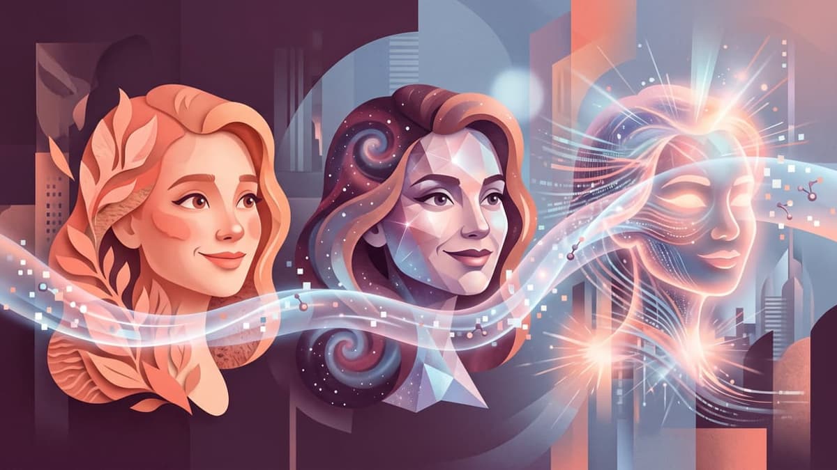 An abstract split portrait illustration showing a playful age-effect transformation