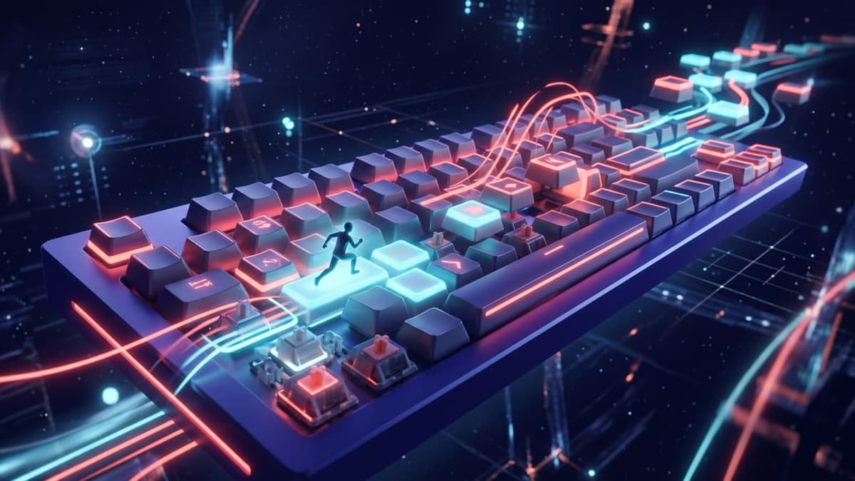 An original keyboard obstacle-course illustration focused on movement and timing