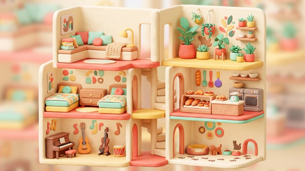 An original colorful dollhouse interior arranged into practical story zones